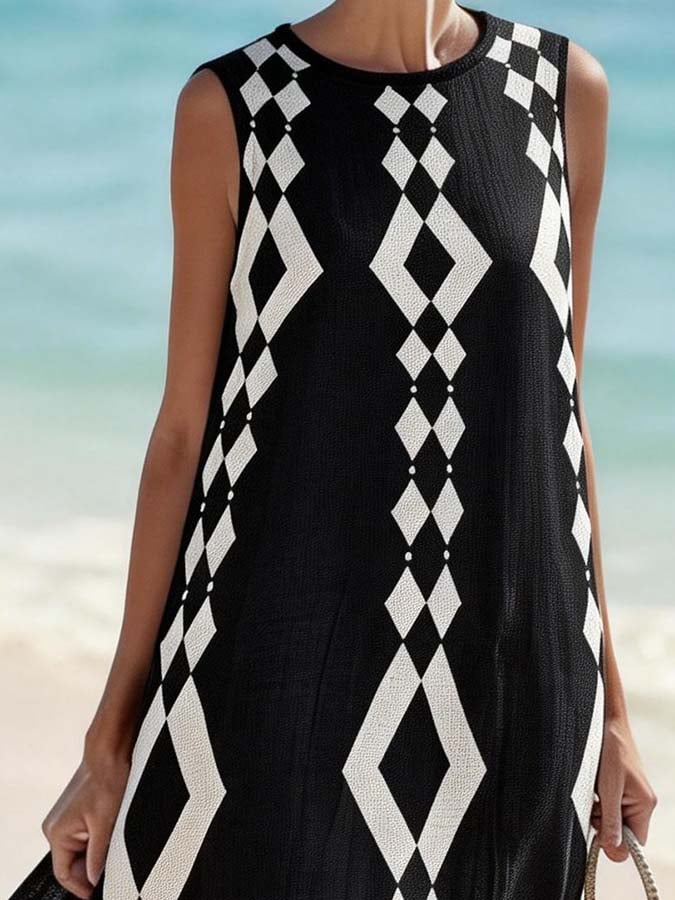 Women'S Round Neck Sleeveless Color-Block Printed Dress