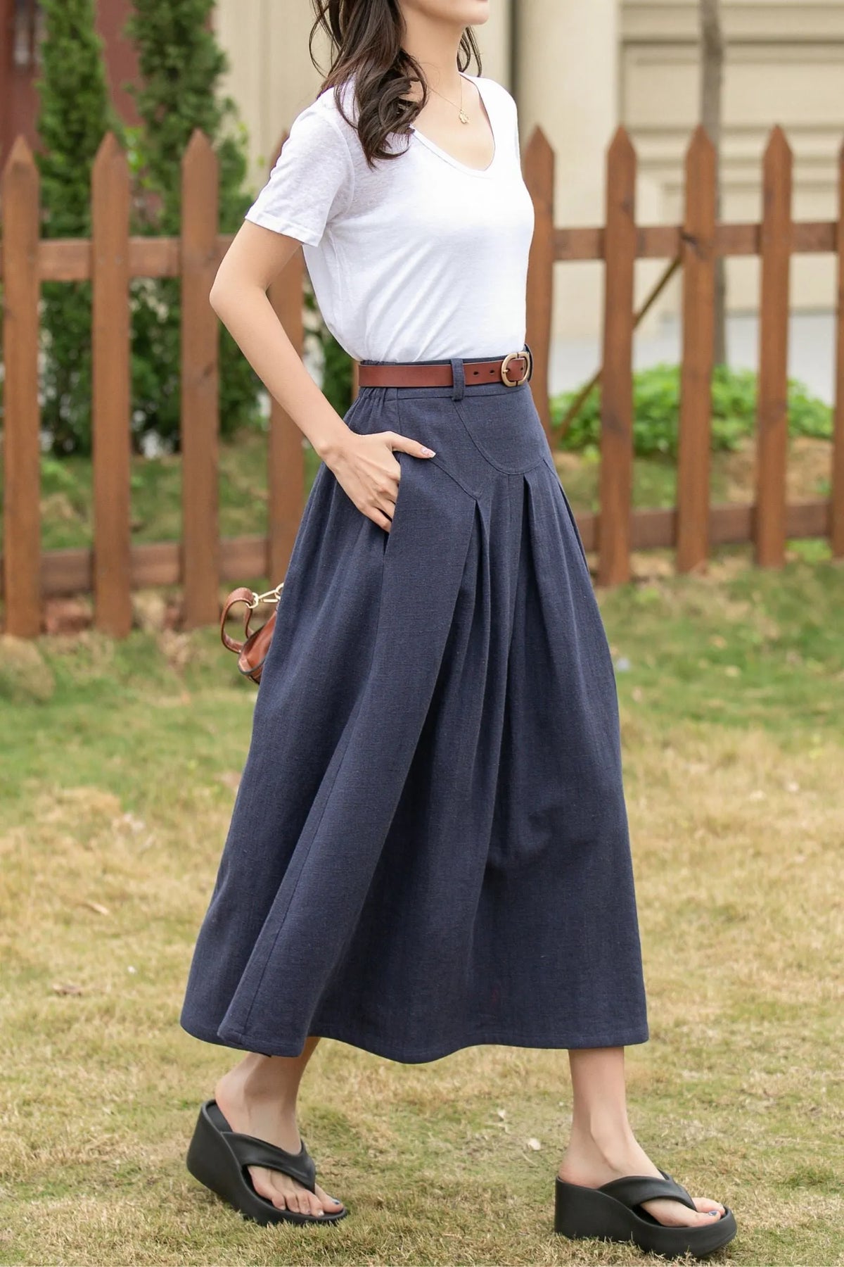 Dark Blue Linen Cotton Midi Skirt - A-Line with Pockets 4943