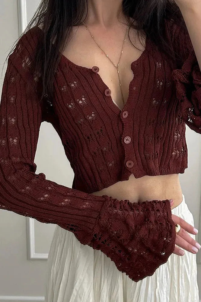Hollow Out Knit V Neck Long Sleeve Cardigan