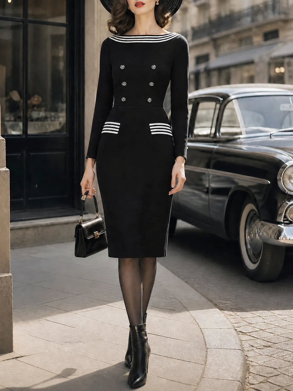 Vintage Black White-Stripe Boat-Neck Double-Breasted Knit Dress