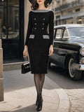 Vintage Black White-Stripe Boat-Neck Double-Breasted Knit Dress