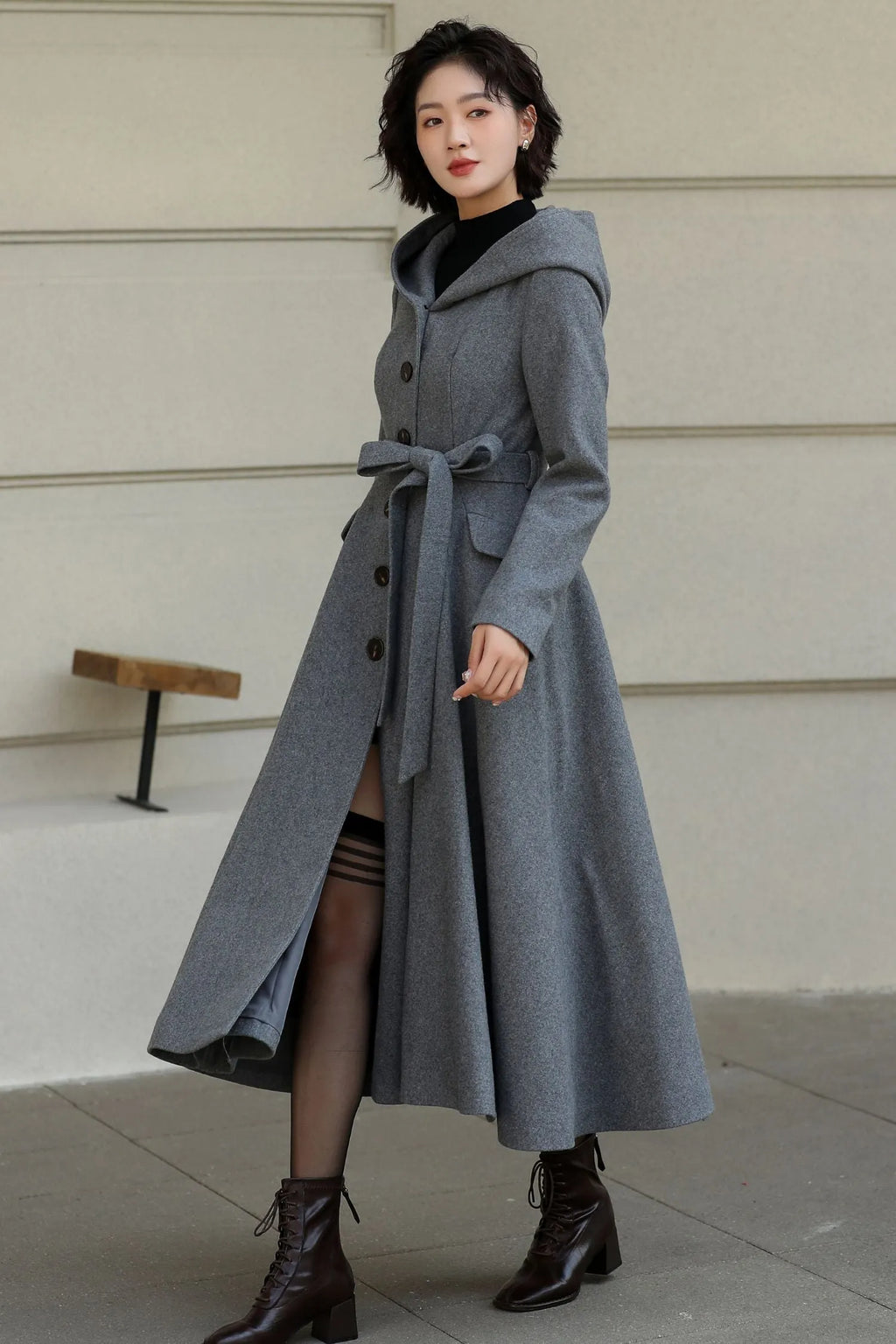 Gray Wool Long Coat - Hooded, Tie Belt, Fitted Waist 6535