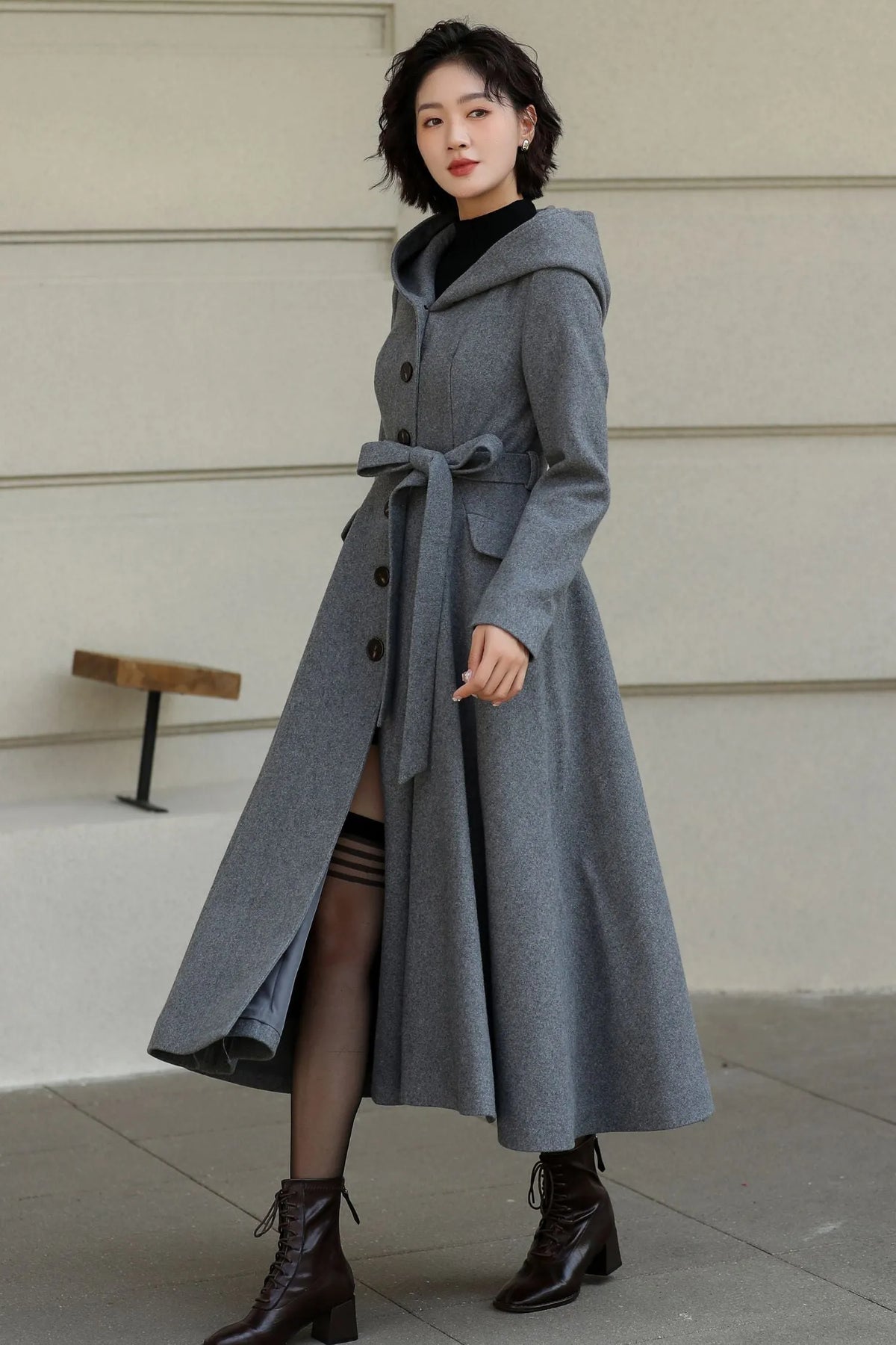 Gray Wool Long Coat - Hooded, Tie Belt, Fitted Waist 6535