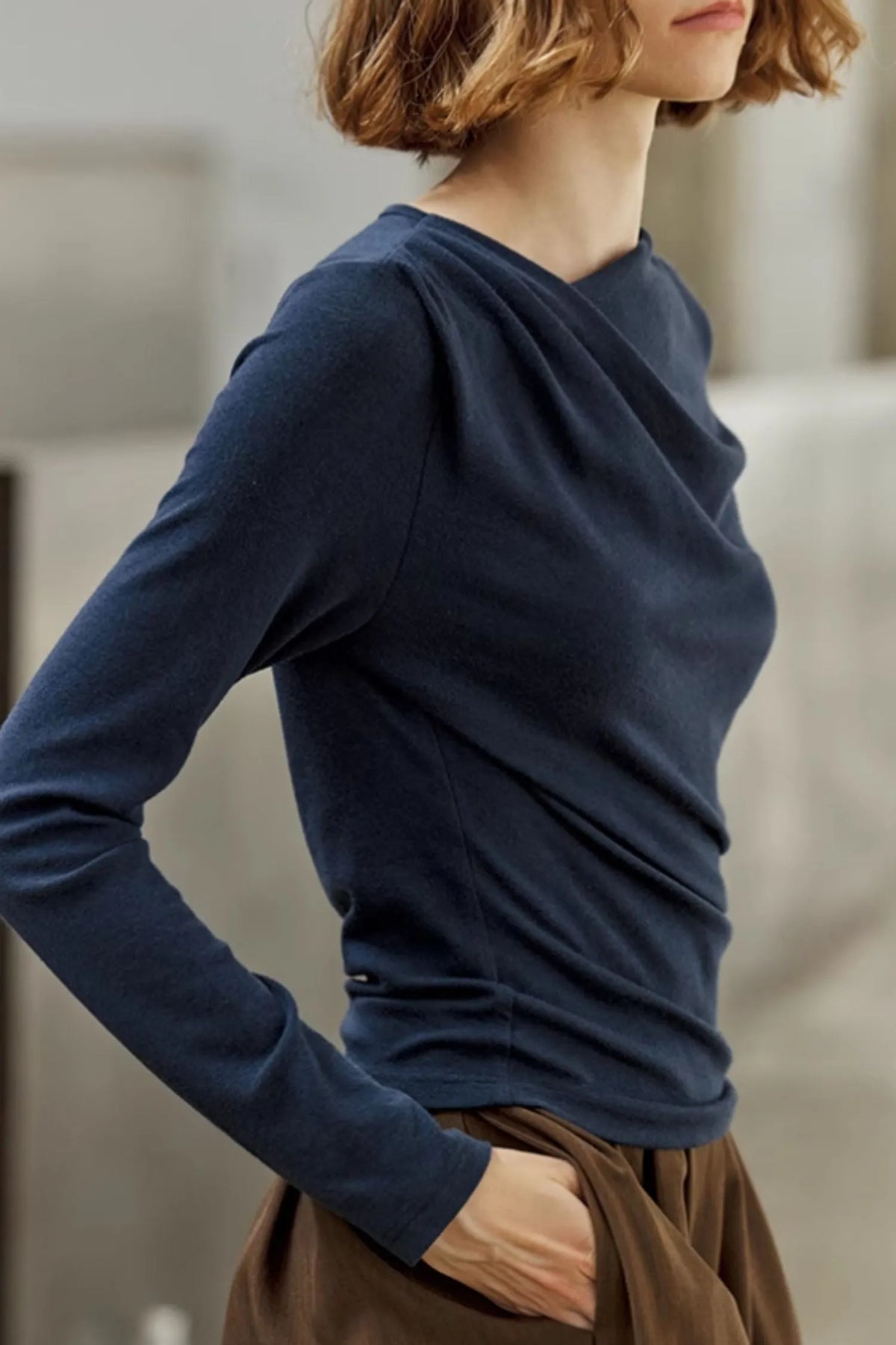 Blue Knit Pleated Top - Long Sleeve Relaxed Fit 