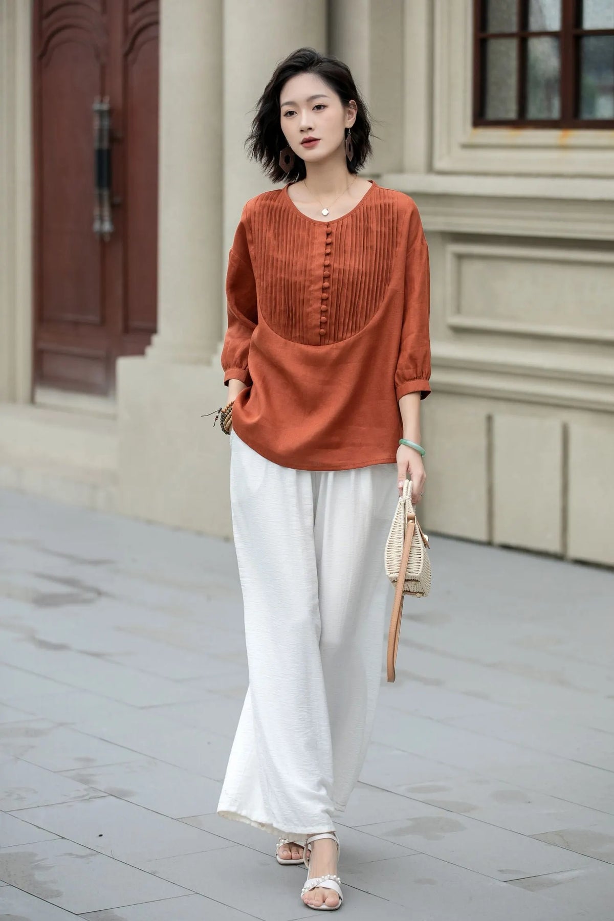 Rust Red Cotton Linen Tunic Top - 3/4 Sleeve Crew Neck 