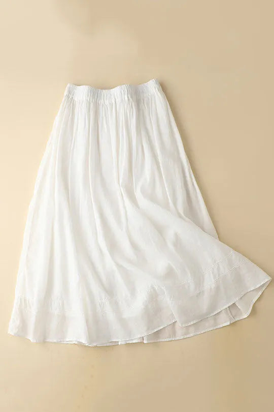 White Linen Maxi Skirt - Elastic Waist A-Line Flowing Design 3590