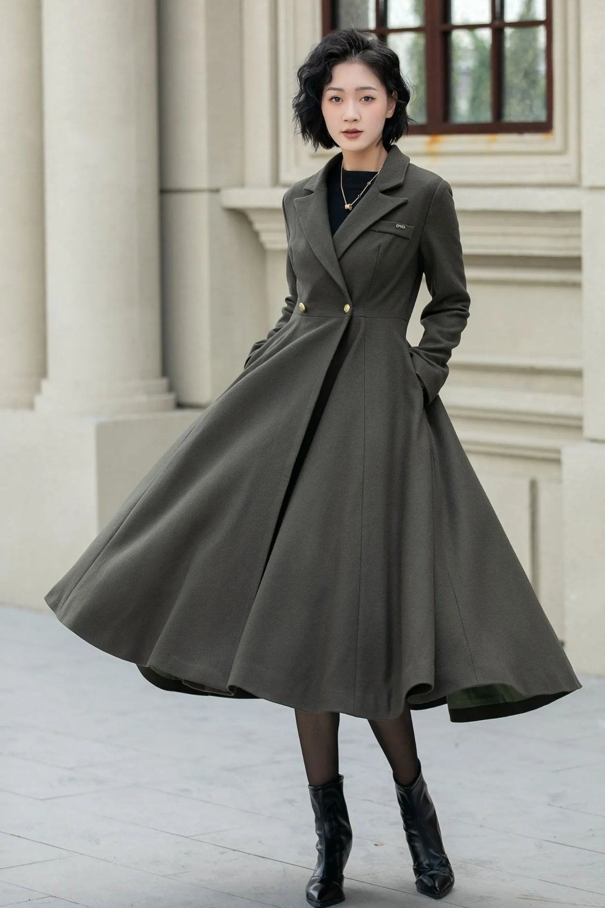 Army Green Wool Fit and Flare Double Breasted Coat - Fitted Waist 5459