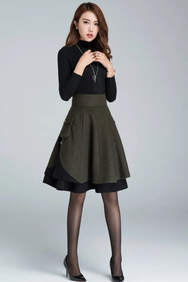 Vintage Green Wool Skater Skirt – High Waist Winter Mini Skirt with Pockets 1627