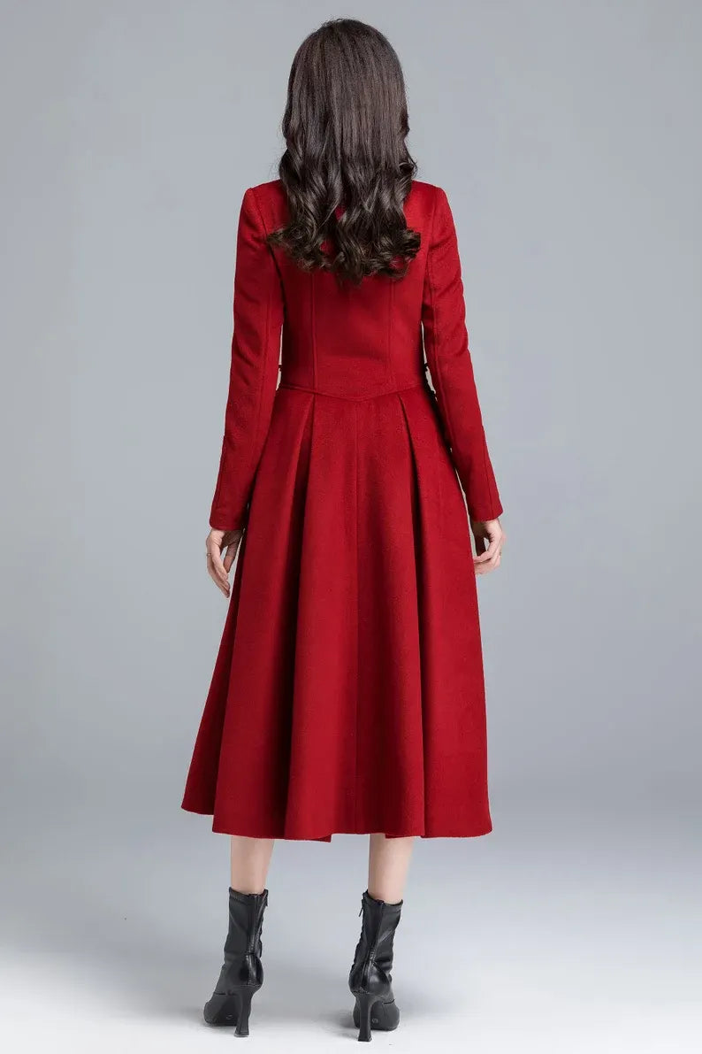 Red Wool Coat Dress – Vintage High Neck Fit-and-Flare Long Winter Overcoat 2482