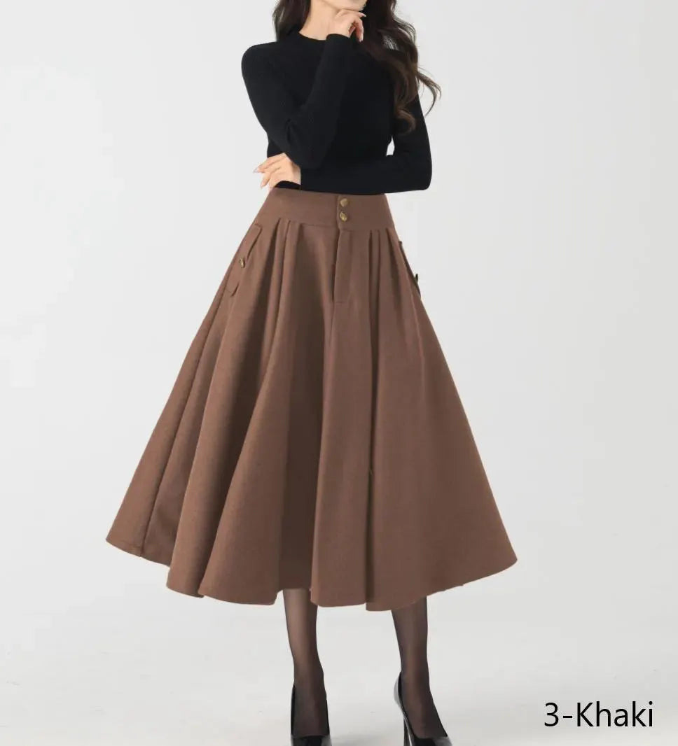 Navy Wool Midi Skirt - Pleated Swing Silhouette 5383