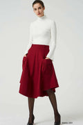 Red Wool Skirt - High Waisted with Asymmetrical Hem and Pockets 2051