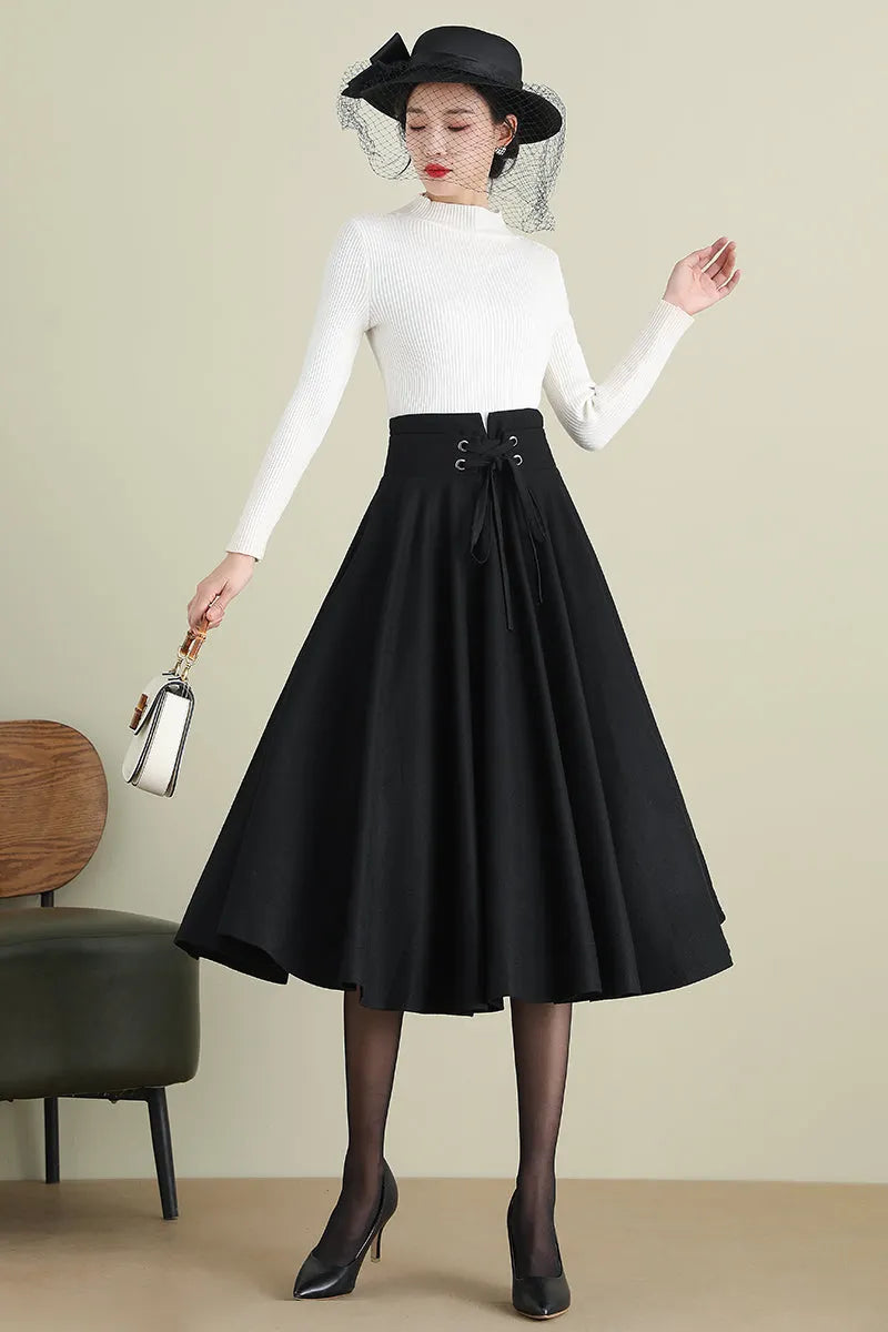 Black Wool Midi Skirt - High Waist Circle Swing 