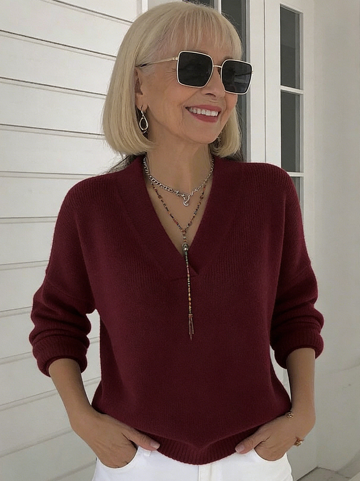 Knitted V-neck Loose Sweater Fall and Winter Solid Color Casual Fashion Women's Knitwear