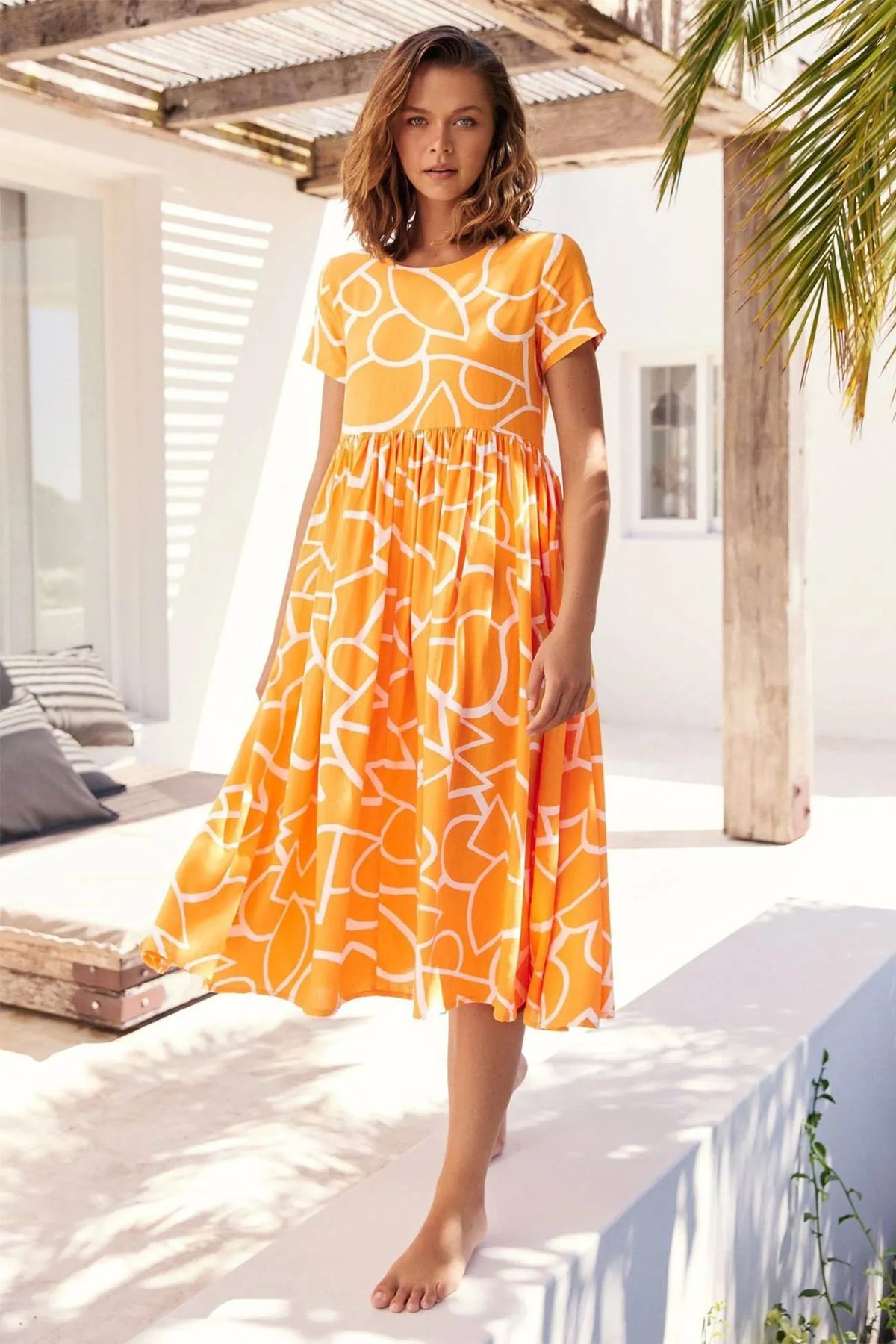High Waist Ruched Dress with Geometric Print