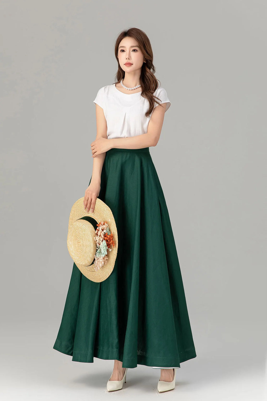 Green Linen Maxi Skirt - A-Line Flowy Silhouette with Pockets 4929
