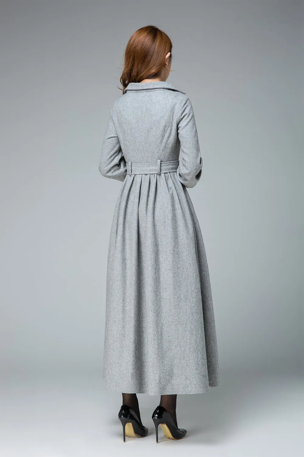 Handmade Light Gray Wool Dress Coat – Elegant Belted V-Neck Winter Midi Dress 
