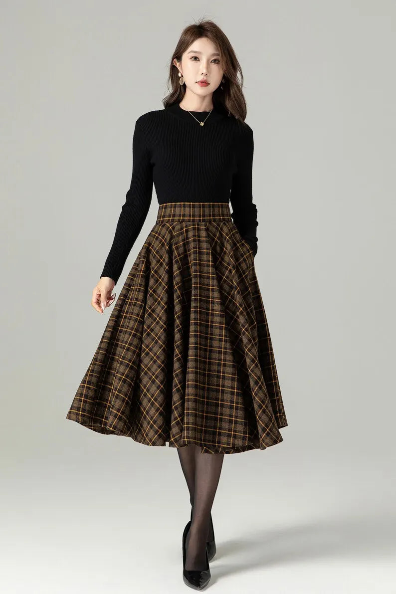 Brown Plaid Wool Midi Skirt – Vintage Swing High Waist Winter Skirt with Pockets 4498