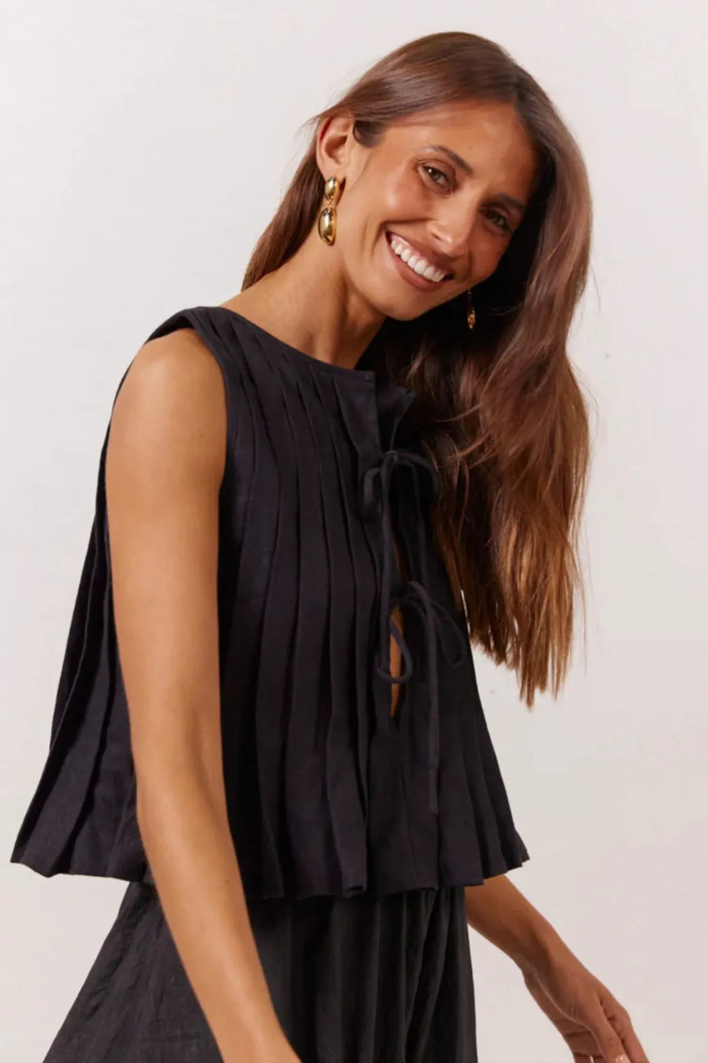 Solid Ruffled Tie Linen Cotton Shirt Tank Top