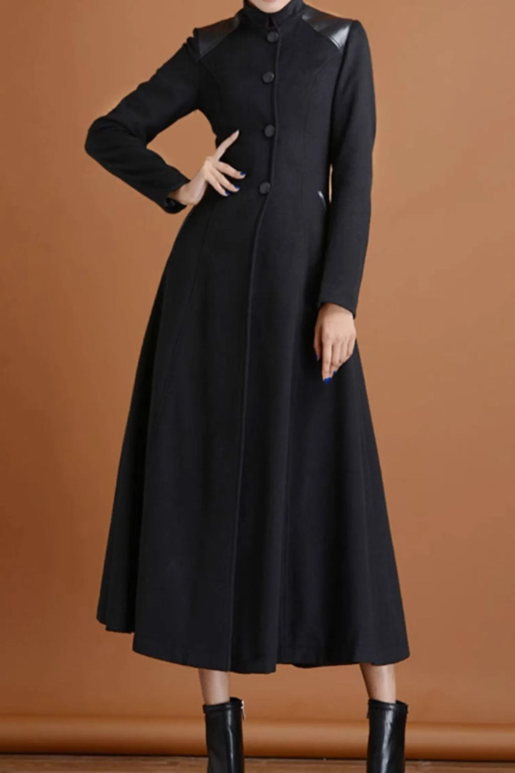 Black Wool Long Coat - Patchwork Detail, Flared Silhouette 4717