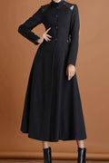Black Wool Long Coat - Patchwork Detail, Flared Silhouette 4717