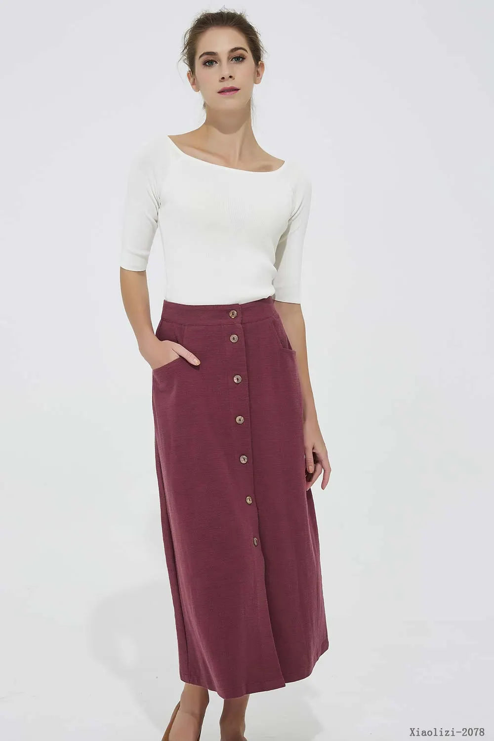 Wine Red Linen Midi Skirt - Button Front Fitted Waist 