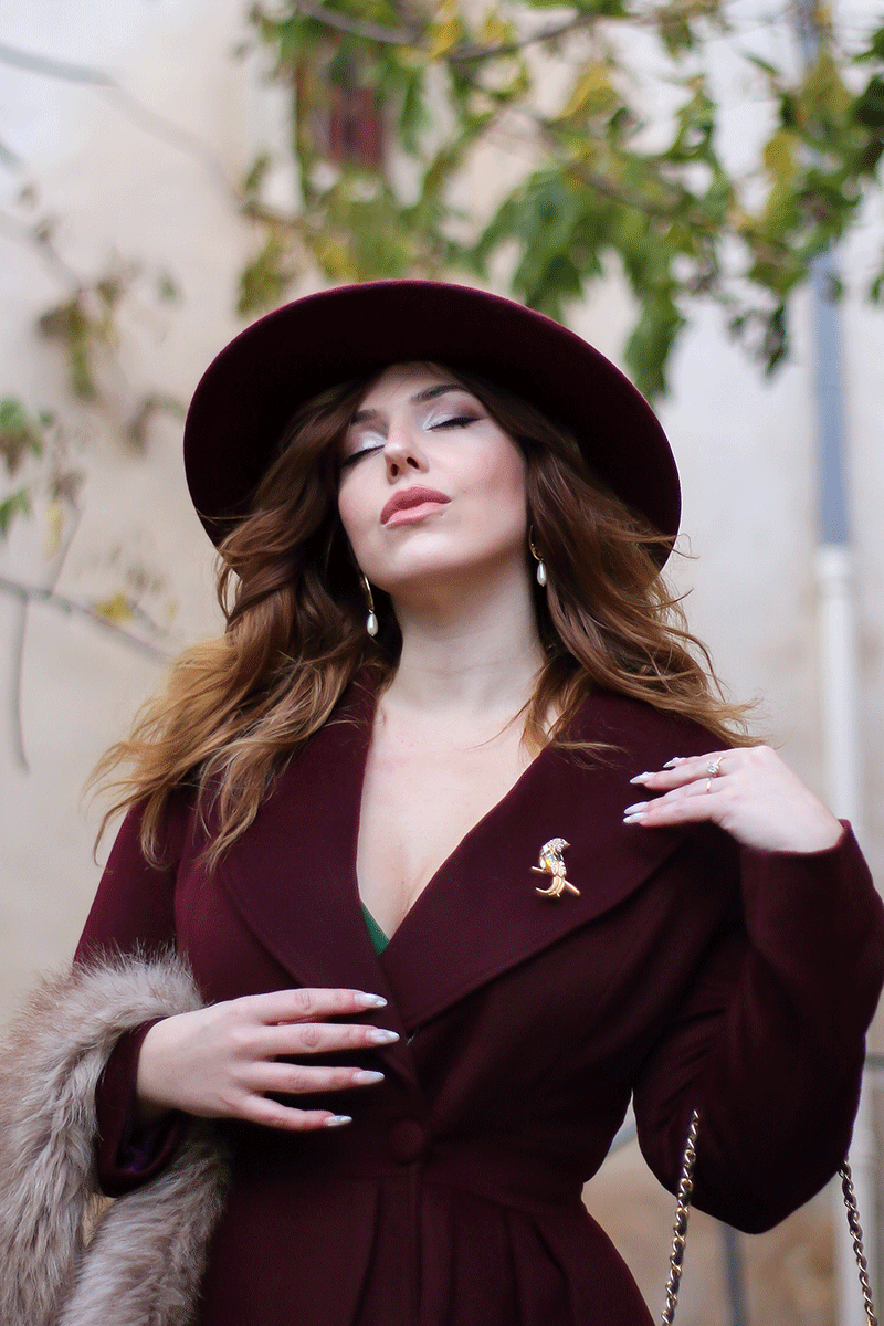 Vintage Princess Wool Coat – Elegant Burgundy Fit & Flare Maxi Coat 