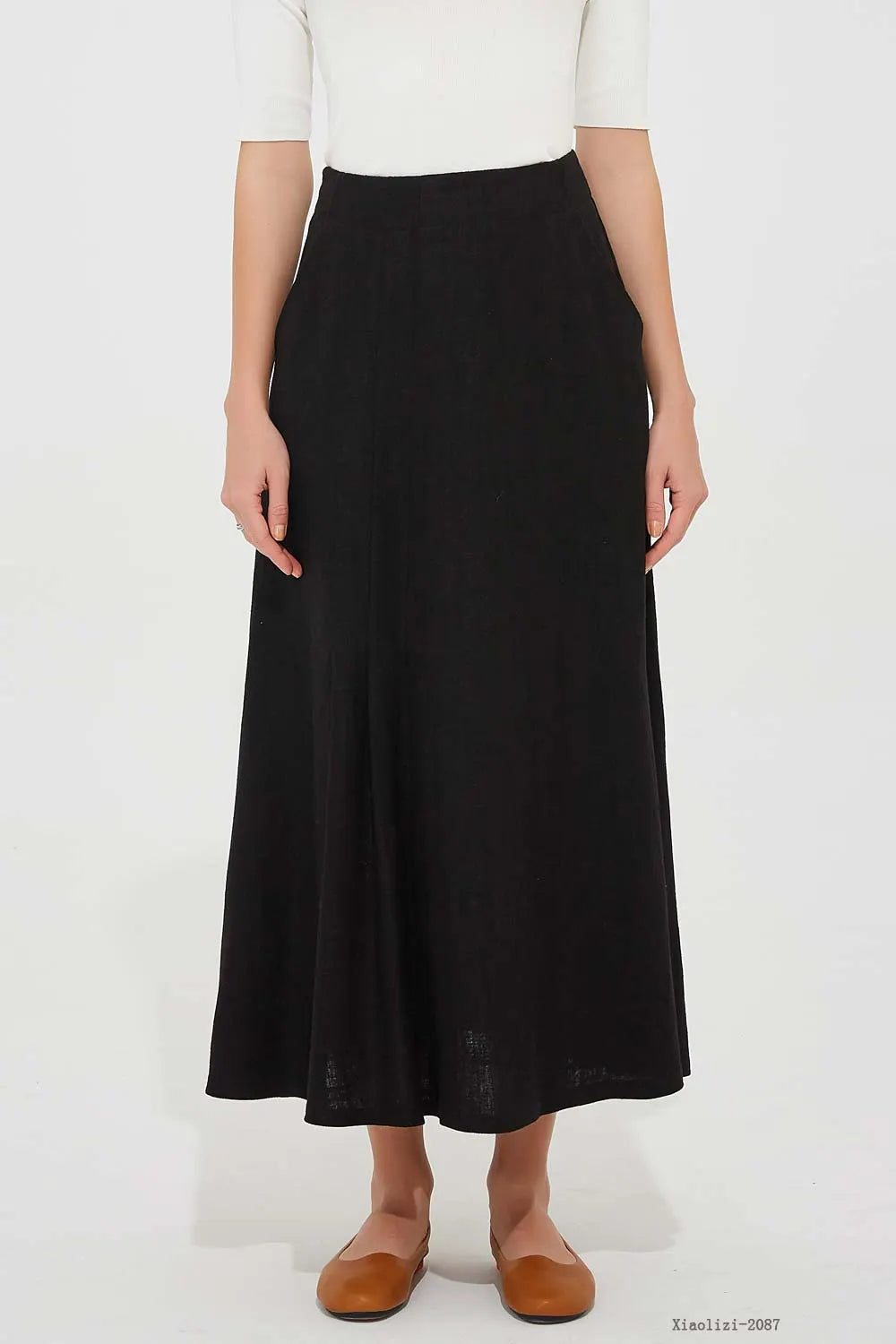 Black Linen A-Line Skirt - Pleated Design with Side Pockets 2087