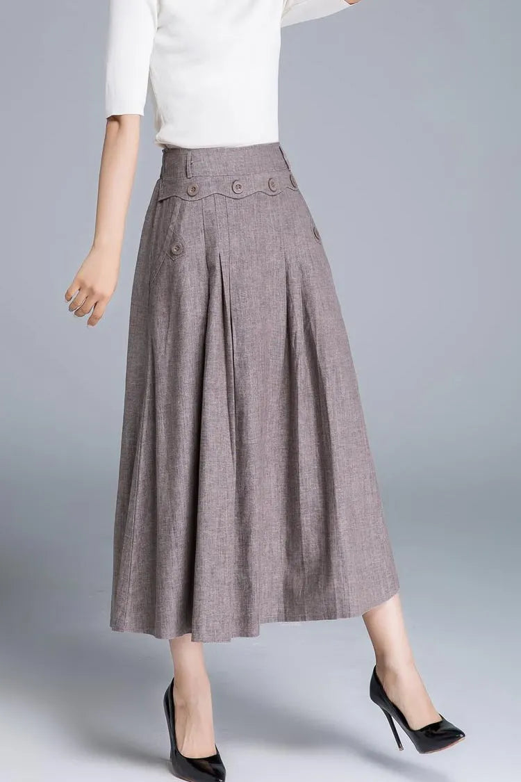 Light Brown Linen Midi Skirt - Fitted Waist, Button Detail 1663