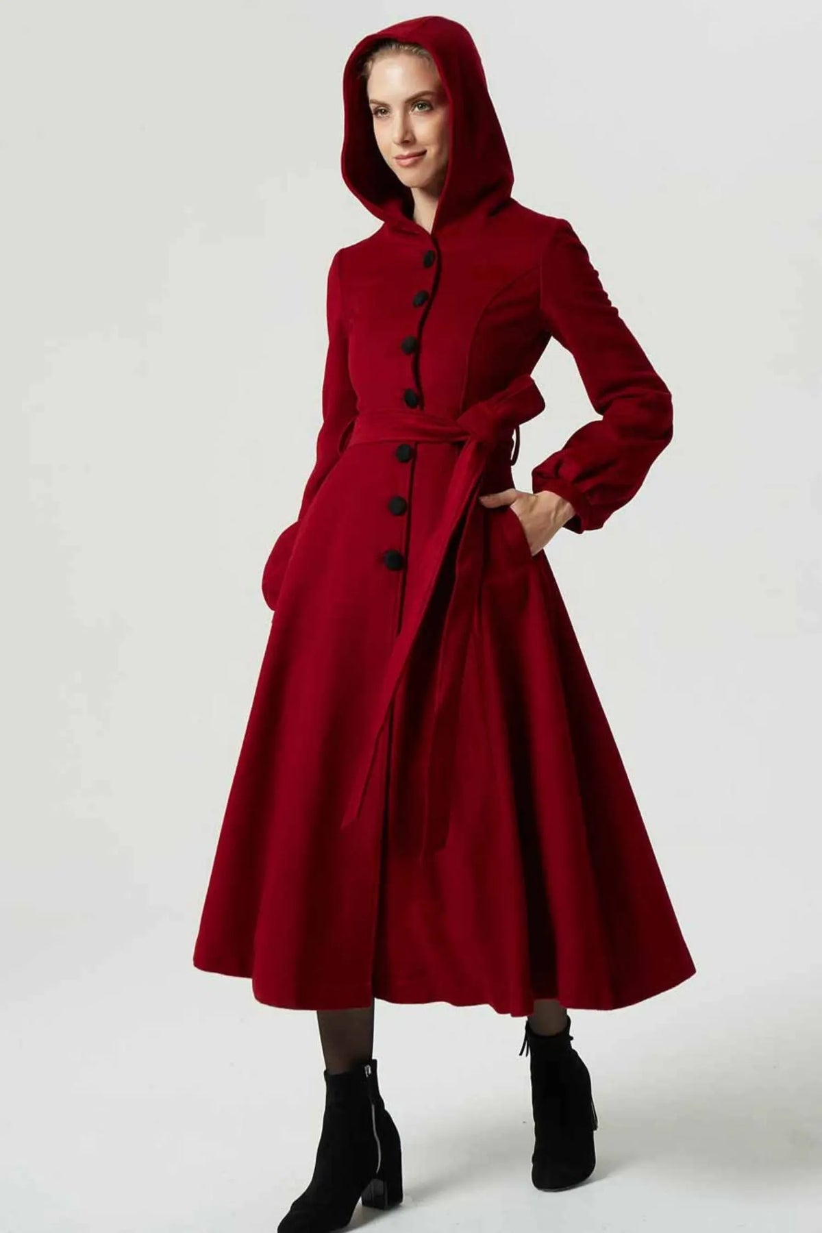 Burgundy Wool Coat Maxi Dress - Hooded, Lantern Sleeve, Tie Waist 1977