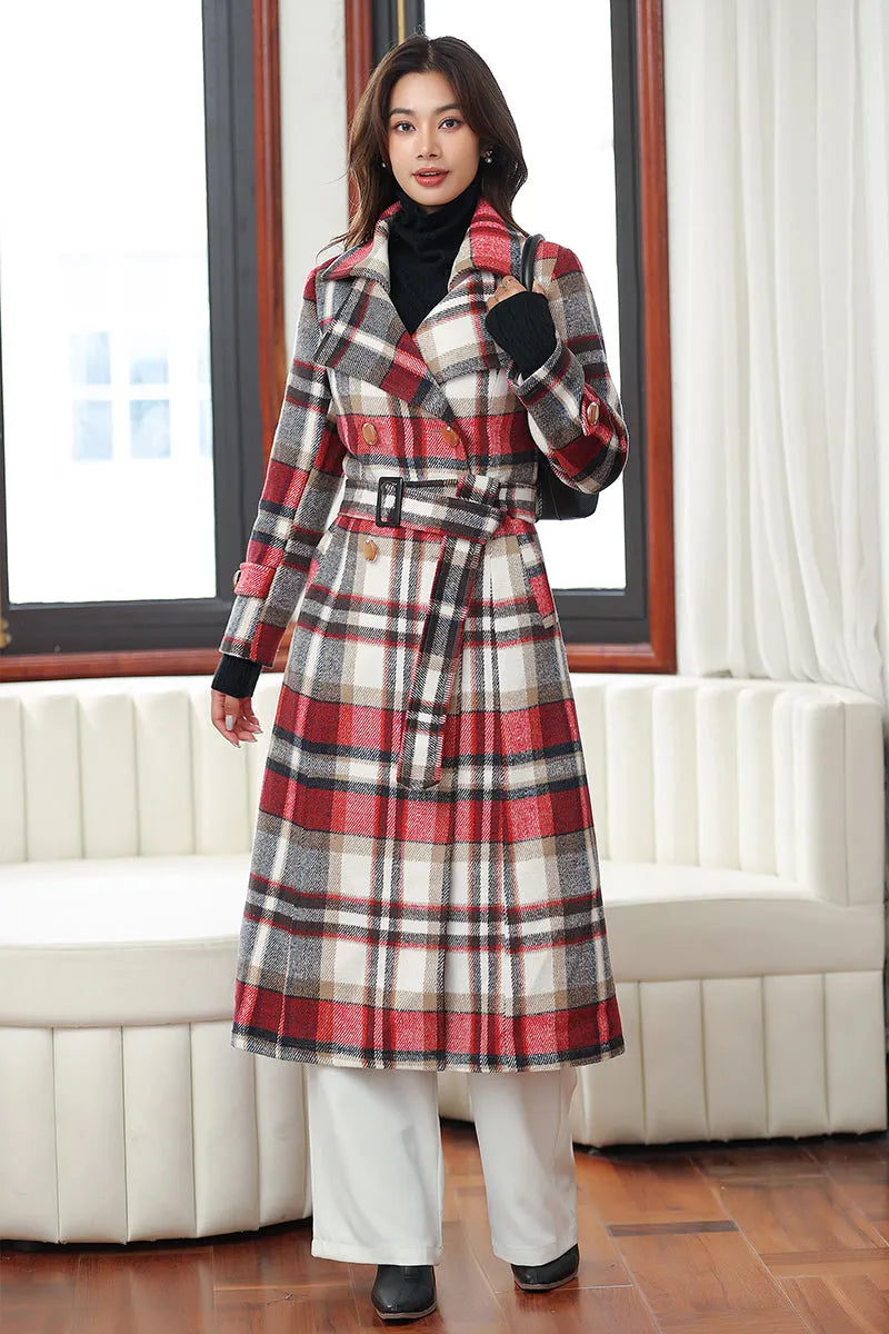 Handmade Red Plaid Wool Coat – Vintage Belted Long Winter Overcoat 