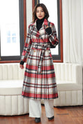 Handmade Red Plaid Wool Coat – Vintage Belted Long Winter Overcoat 