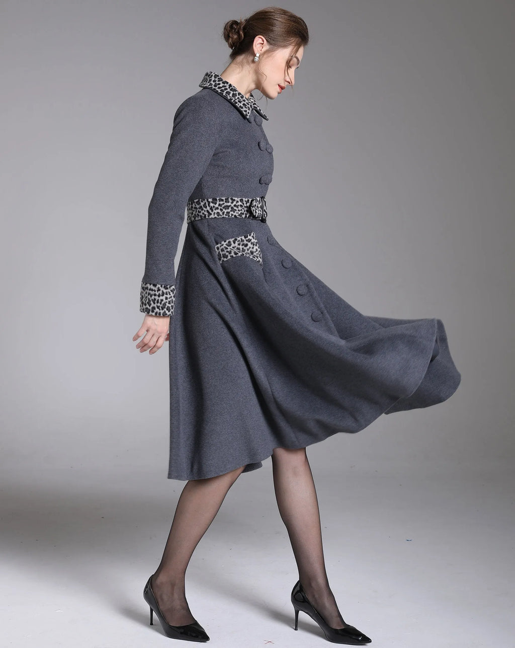 Gray Wool Midi Swing Coat - Leopard Trim & Belted Fit and Flare 3872