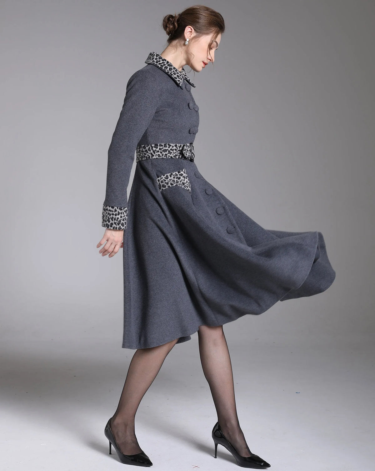 Gray Wool Midi Swing Coat - Leopard Trim & Belted Fit and Flare 3872