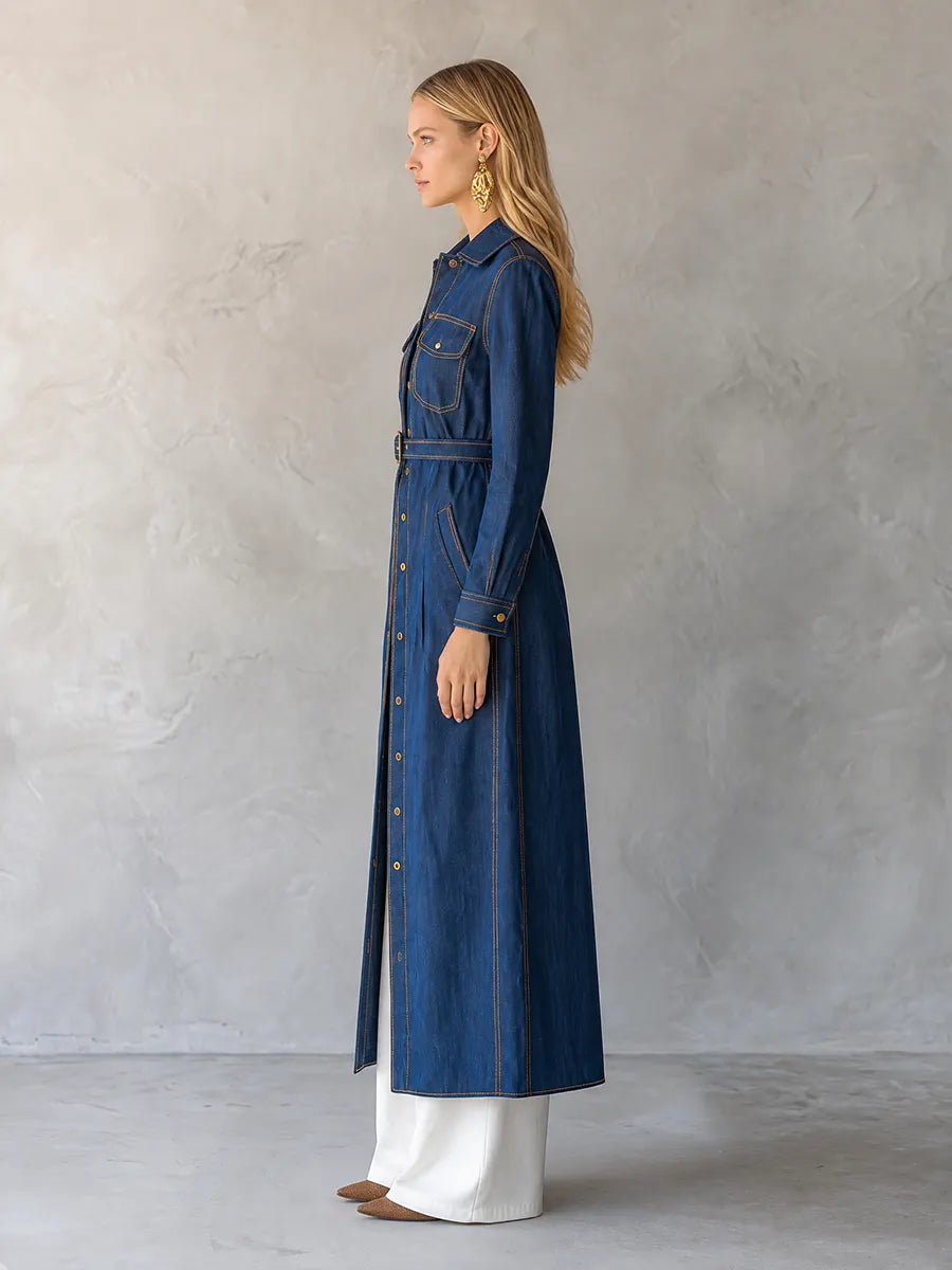 Belted Indigo Contrast Stitching Denim Duster Coat