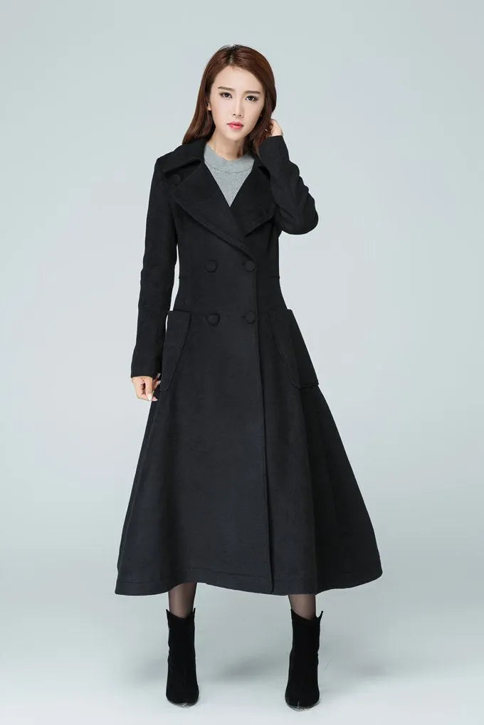 Black Wool Long Coat - High Waist, Double-Breasted Fit 1607