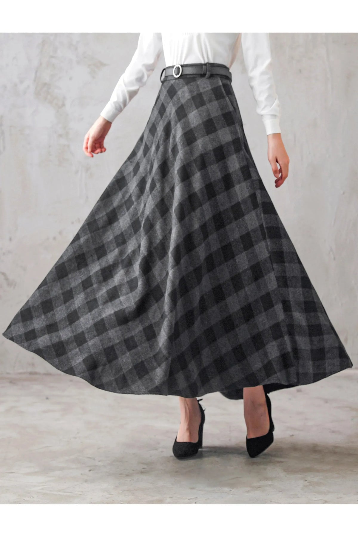 Plaid Wool Maxi Skirt - A-Line Flared Satin Lined 