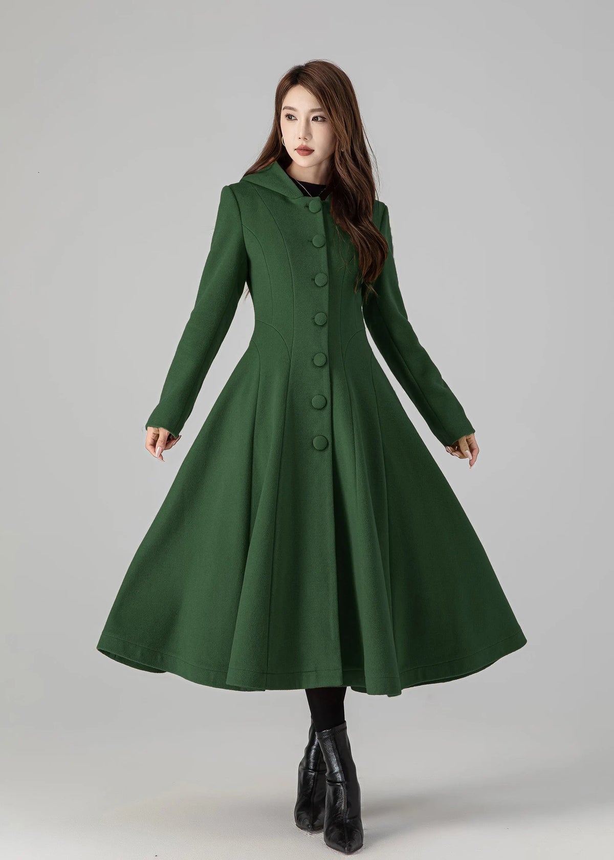 Forest Green Wool Blend Swing Coat - Hooded, Long Sleeve 5503