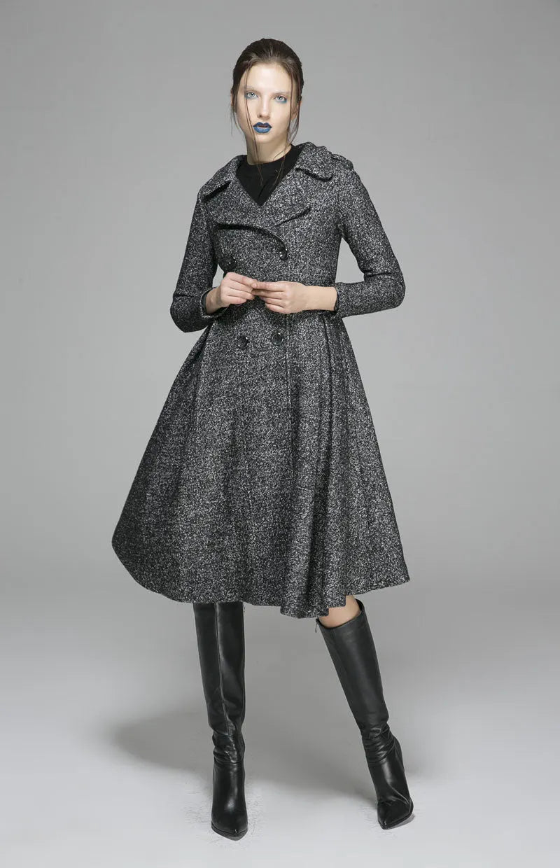 Black Wool Coat - Fit and Flare Silhouette with Pleated Detail 1373