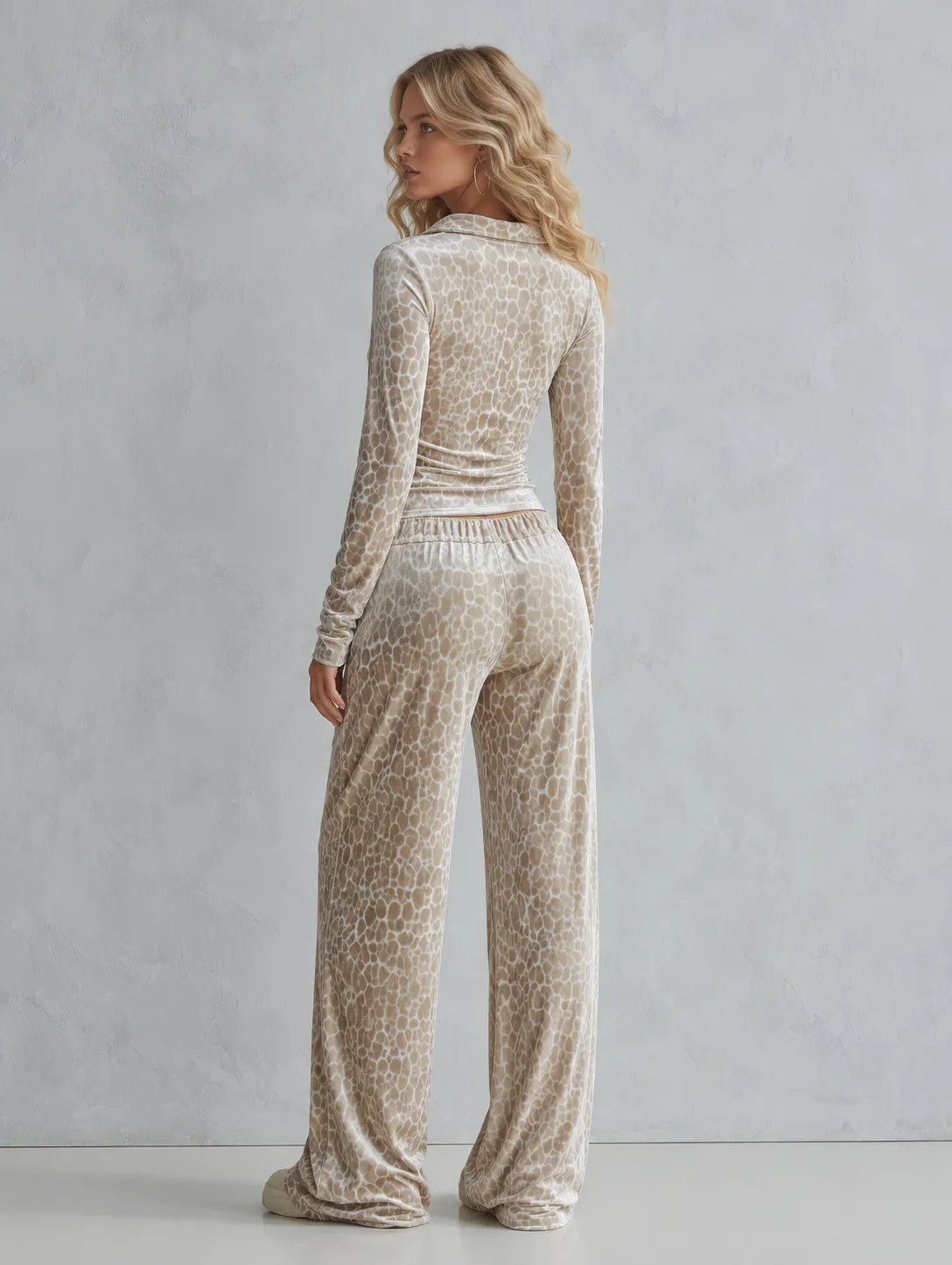 Leopard Print V-Neck Velvet Top and Flare Pants Two-Piece Set