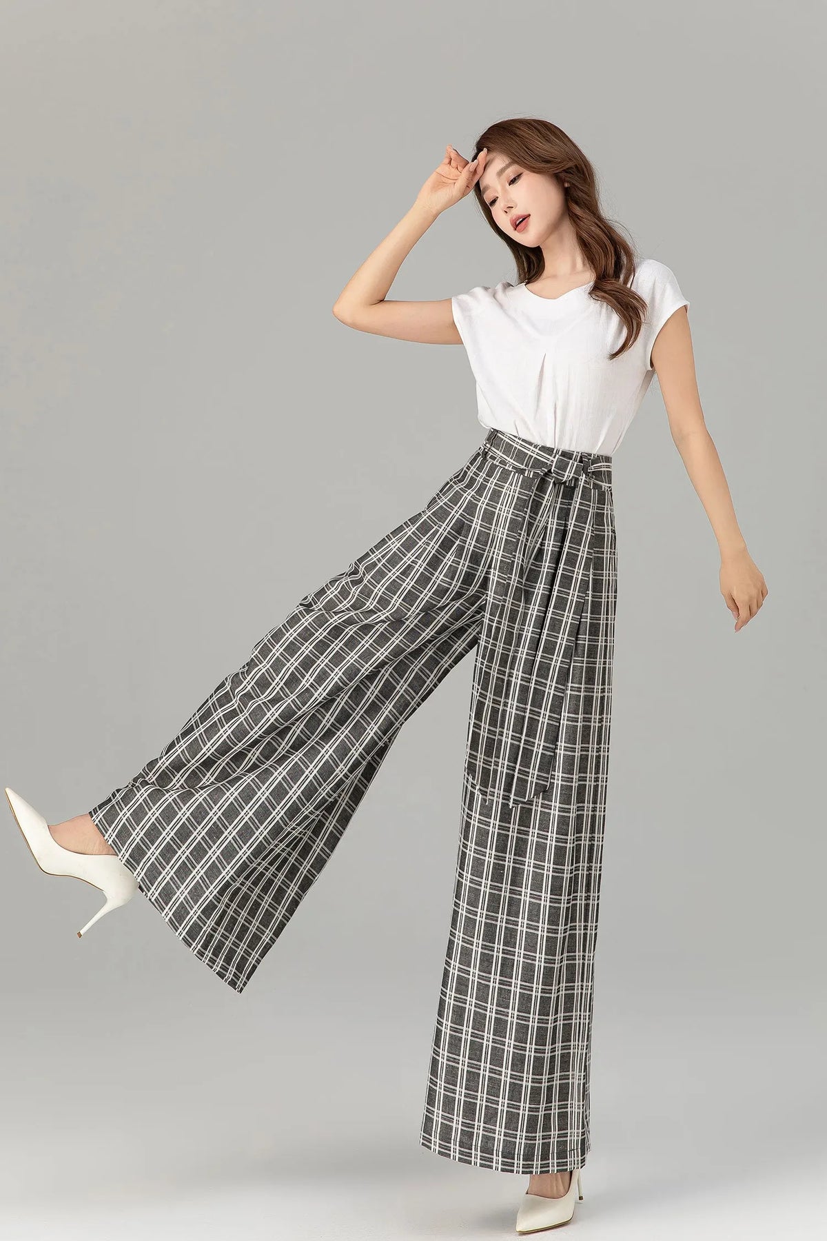Black & White Linen Pants - Wide Leg, High Waisted with Tie Belt 4928