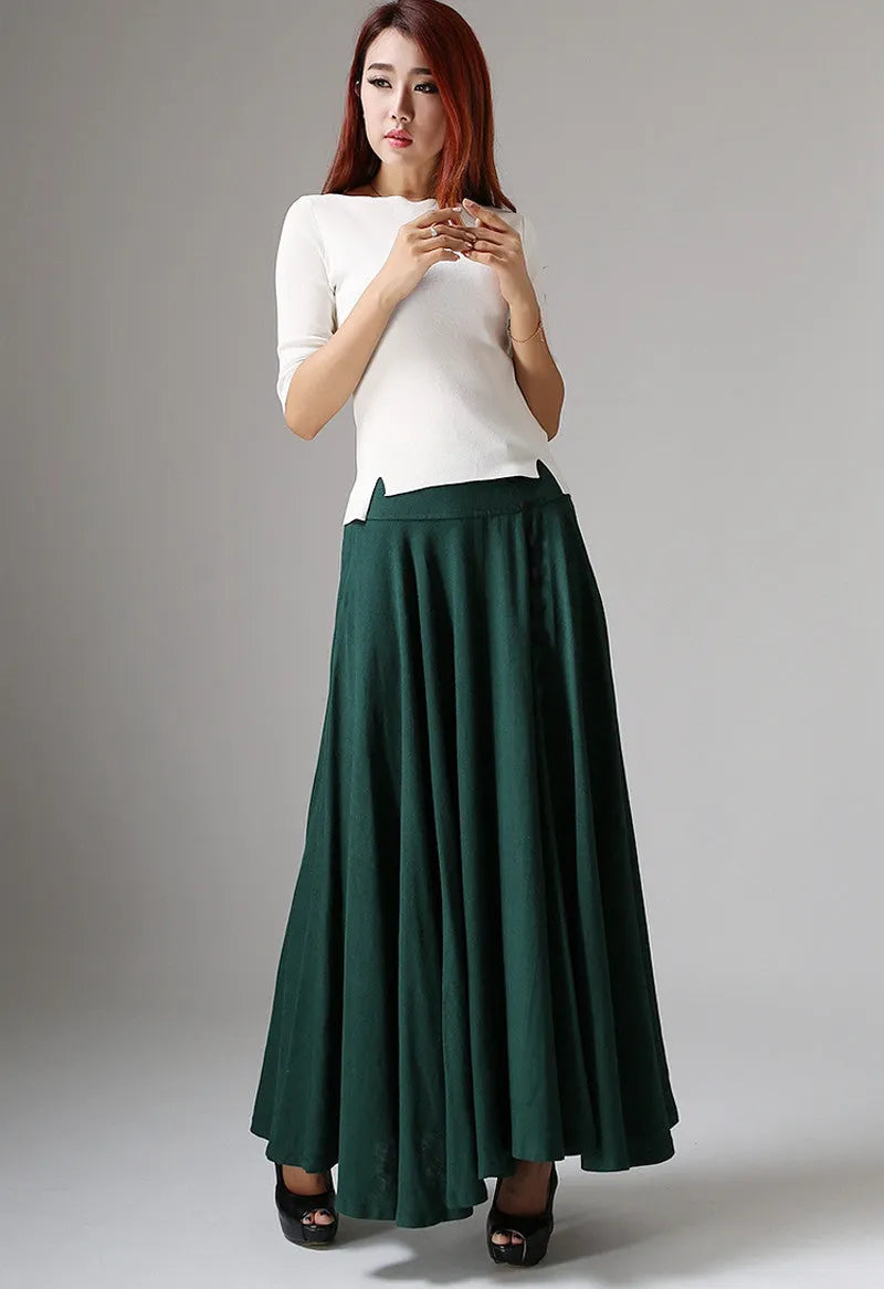 Handmade Green Linen Maxi Skirt – Vintage High Waist A-Line Skirt 