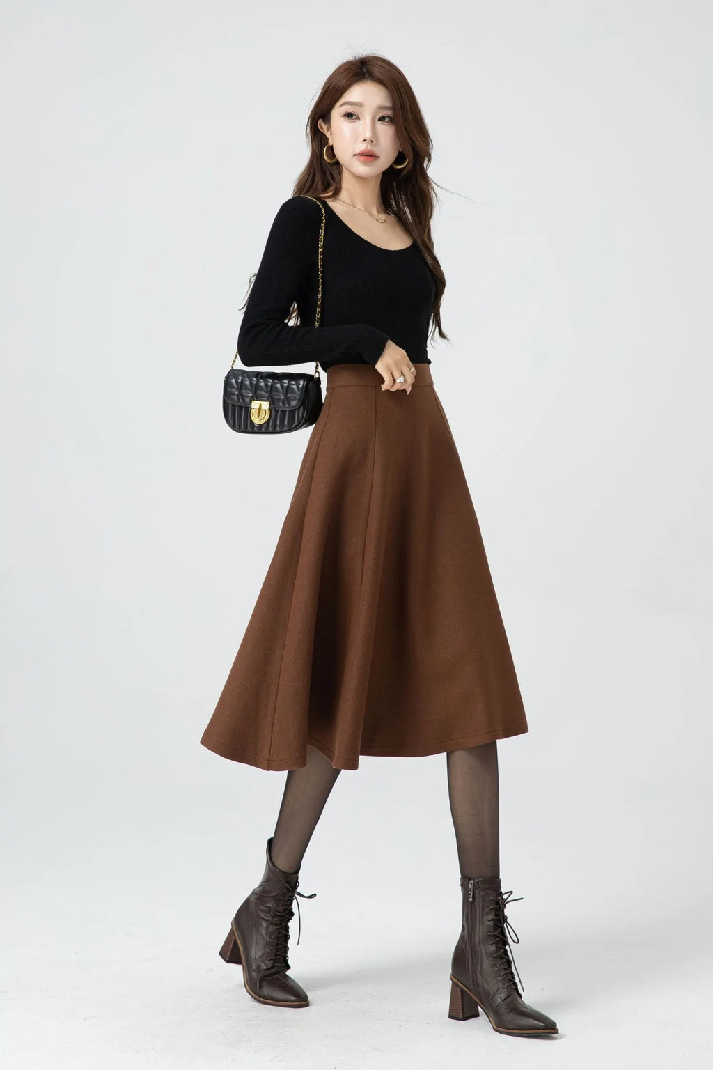 Brown Wool A-Line Skirt - Mid-Length Classic Winter Style 5316