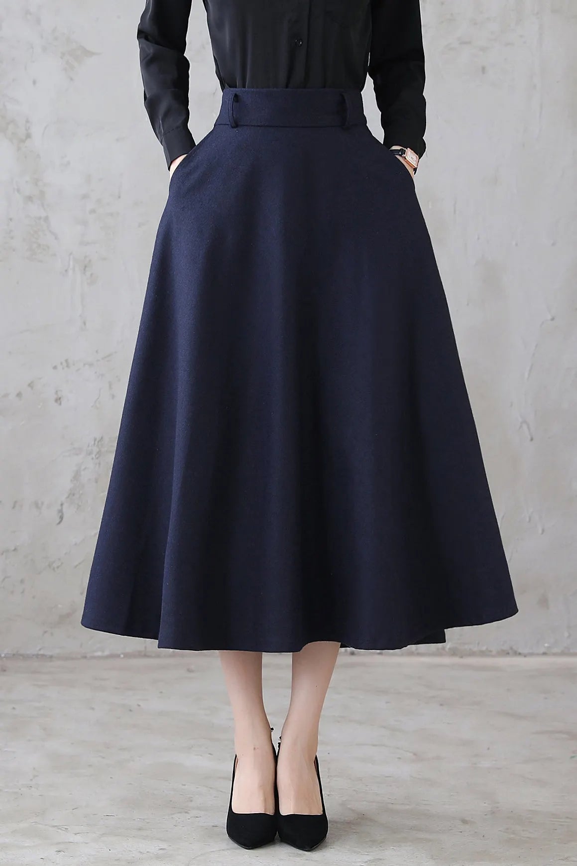 Navy Wool Midi Skirt - Vintage Inspired A-Line Silhouette 3118