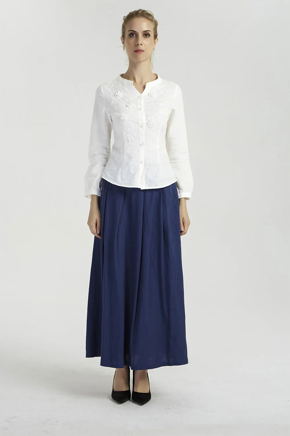 Blue Linen Maxi Skirt – Women’s High Waist Pleated Skirt with Pockets  2040