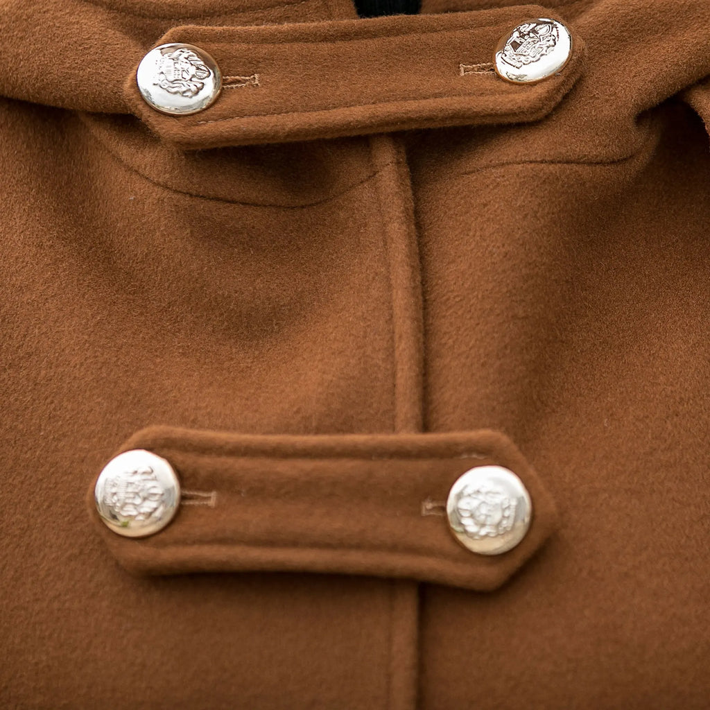 Handmade Brown Wool Cape Coat – Hooded Double-Breasted Winter Overcoat 
