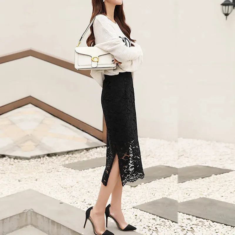 Elegant Lace Skirt with Double Slits Slimming Plus Size Skirt