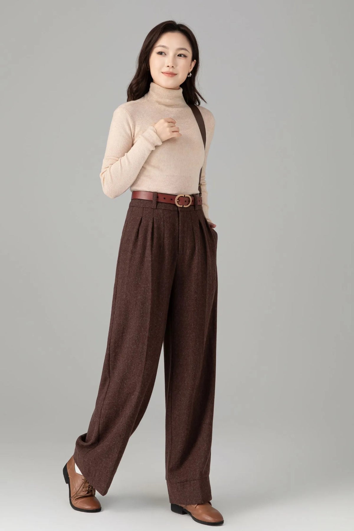 Women’s Chocolate Wool Trousers – Elegant Handmade High-Waist Pants 