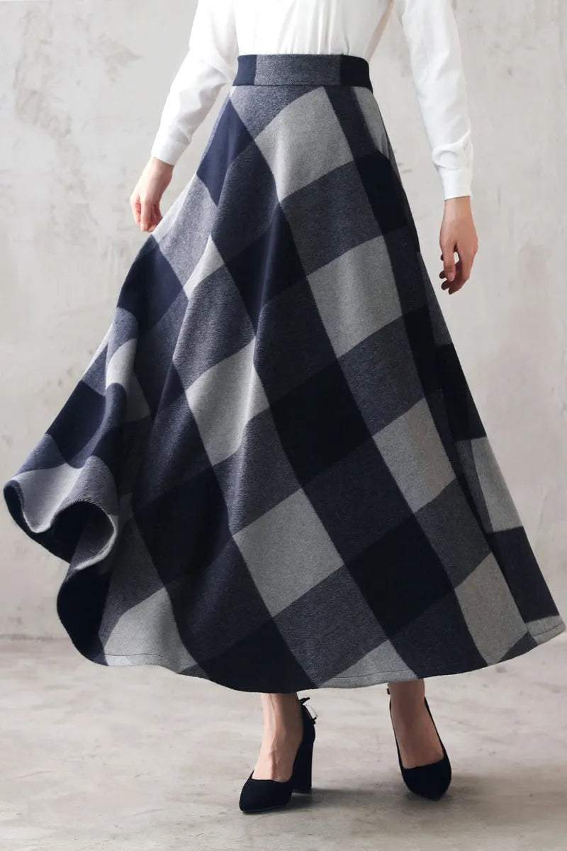 Navy Plaid Wool Maxi Skirt – Vintage Ankle-Length Winter Skirt with Pockets 3107