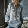 Linen Bohemian Embroidered Top Women's Loose Long Sleeve Peasant Blouse Ethnic Vintage Style Summer Casual Shirt