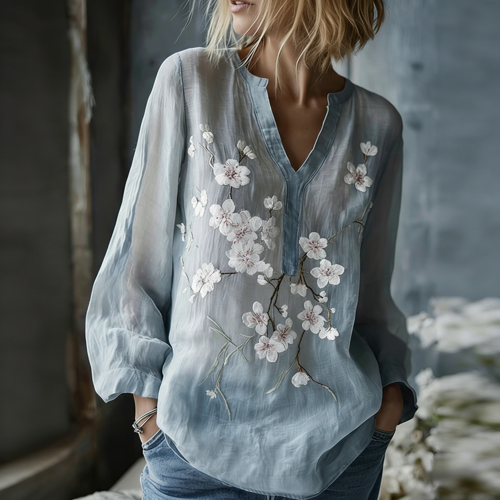 Linen Bohemian Embroidered Top Women's Loose Long Sleeve Peasant Blouse Ethnic Vintage Style Summer Casual Shirt